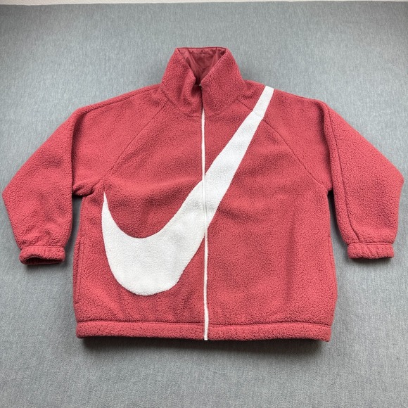 Nike Jacket Womens Small Pink Full Zip Sherpa Big Swoosh Reversible Fleece Coat - Picture 1 of 13